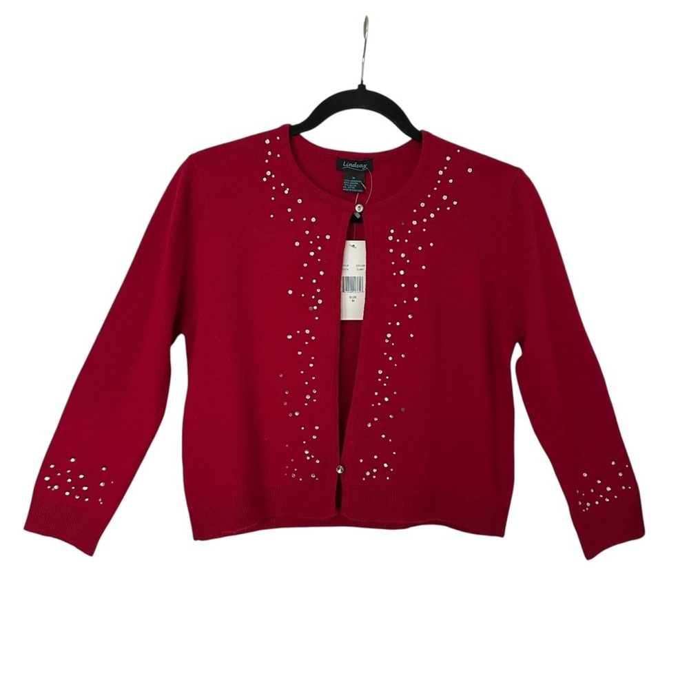 Vintage Y2K Lindsay Red Lambswool Angora Rhinestone Cardigan Sweater Cropped‎ M